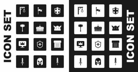 Set Shield, King crown, Hammer, Gallows, Viking horned helmet, Medieval spear, Decree, parchment, scroll and Location icon. Vector