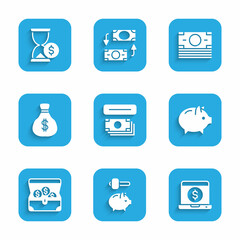 Set ATM and money, Piggy bank hammer, Laptop with dollar, Treasure chest, Money bag, Stacks paper cash and Hourglass icon. Vector