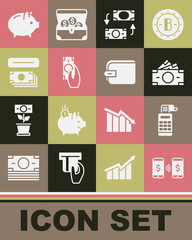 Set Money payment transfer, Cash register machine, Stacks paper money cash, exchange, Fast payments, ATM and, Piggy bank and Wallet icon. Vector