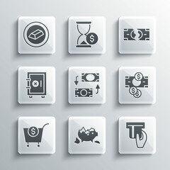 Set Broken piggy bank, Credit card inserted, Stacks paper money cash, Money exchange, Shopping cart and dollar, Safe, Gold bars and Tearing banknote icon. Vector
