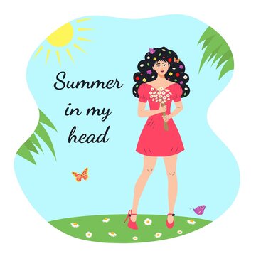 Beautiful girl with bouquet of chamomiles is standing on the meadow. Flowers, leaves and butterflies in her black hair. Summer in my head quote. Hello summer, summer vibes concept.