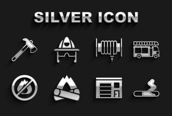 Set Campfire, Fire truck, Cigarette, Building of station, No, hose reel, Firefighter axe and helmet icon. Vector
