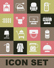 Set Covered with tray, Trash can, Signboard text Hotel, Armchair, Toilet paper roll, Heating radiator, Lift and Smart Tv icon. Vector