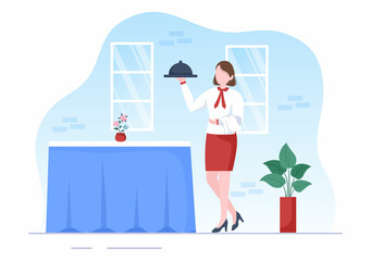 Waiter with Food Tray in his Hand for Customer on Cafe or Restaurant in Flat Cartoon Illustration