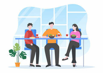 People Eating, Talking, Drinking and Working at Tables on Cafe or Restaurant in Flat Cartoon Illustration
