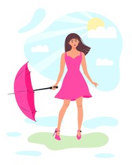 Happy woman with umbrella in a park. After the rain, the sun peeks out from behind the cloud. Summer changeable weather, healthy lifestyle and recreation leisure activity.