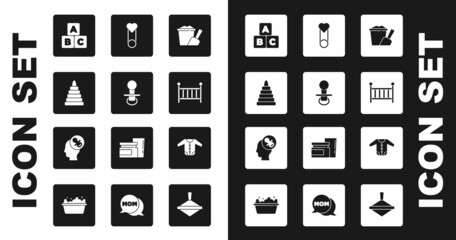 Set Sand in bucket with shovel, Baby dummy pacifier, Pyramid toy, ABC blocks, crib cradle, clothes pin, and icon. Vector