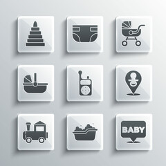 Set Baby bathtub, dummy pacifier, Monitor Walkie Talkie, Toy train, stroller, Pyramid toy and icon. Vector