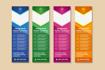 abstract banner template design for  integrated home systems. Vertical layout with space for photo collage and text. blue, green, pink and yellow background and element. down arrow shape