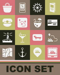 Set Cruise ship, Ship line path, Postcard travel, steering wheel, Route location, Captain hat, Beach bag and Coconut cocktail icon. Vector