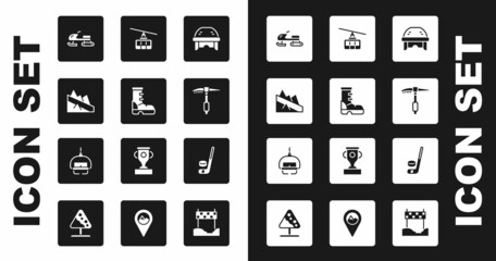 Set Hockey helmet, Waterproof rubber boot, Mountain descent, Snowmobile, Ice axe, Cable car, hockey stick and puck and Ski lift icon. Vector