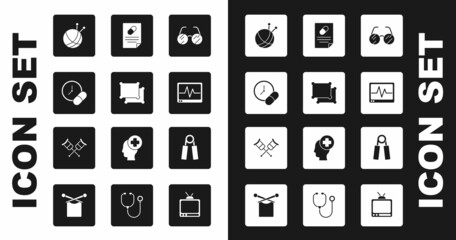 Set Eyeglasses, Pillow, Medicine pill or tablet, Yarn ball with knitting needles, Monitor cardiogram, Medical prescription, Sport expander and Crutch crutches icon. Vector