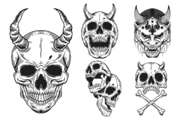 Bundle Set Skull Dark illustration Mask Devil Demon Skull Bones Head Hand drawn Hatching Outline Symbol Tattoo Merchandise T-shirt Merch vintage