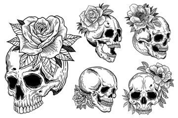 Fototapeta premium Bundle Set Skull Rose Dark illustration Devil Demon Horror Skull Bones Head Hand drawn Hatching Symbol Tattoo Merchandise T-shirt Merch vintage