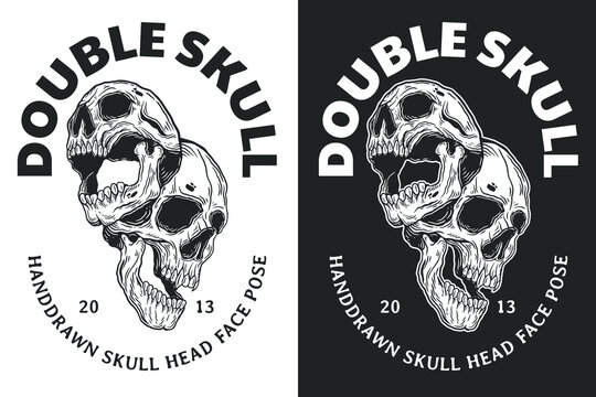 Set Skull Double Face Dark illustration Beast Skull Bones Head Hand drawn Hatching Outline Symbol Tattoo Merchandise T-shirt Merch vintage