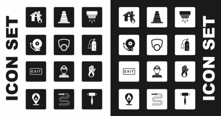 Set Smoke alarm system, Gas mask, Ringing bell, Fire burning house, extinguisher, Traffic cone, No fire and exit icon. Vector
