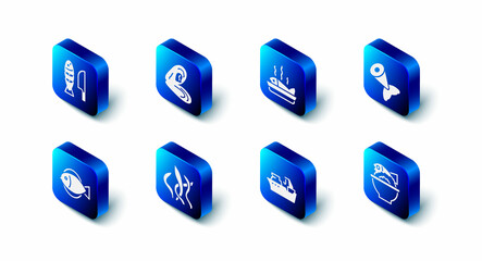 Set Mussel, Served fish on a plate, Fish tail, bowl, Fishing boat, Seaweed, and with sliced pieces icon. Vector