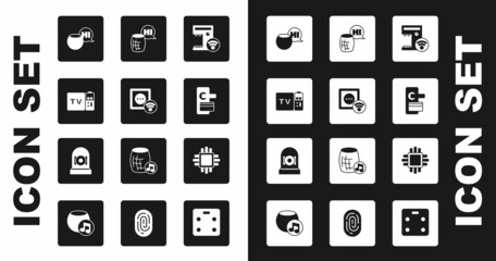 Set Smart coffee machine, electrical outlet, Multimedia and TV box receiver, Voice assistant, Digital door lock, Processor with CPU and Ringing alarm bell icon. Vector