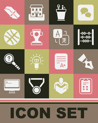 Set Exam sheet with check mark, Fountain pen nib, Abacus, Pencil case stationery, Award cup, Basketball ball, Eraser or rubber and Translator icon. Vector