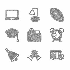Set Document folder with clip, Medal, School Bus, Alarm clock, Ringing bell, Graduation cap, American football ball and Laptop icon. Vector