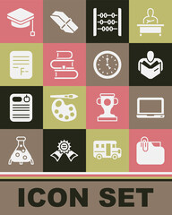 Set Document folder with clip, Laptop, Man reading book, Abacus, Book, Exam paper incorrect answers, Graduation cap and Clock icon. Vector