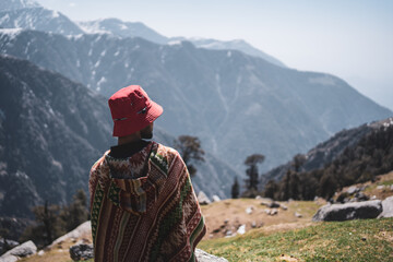 Fototapeta na wymiar People Enjoying the View at Triund, Laka, Indrahar Pass Trail, Dauladhar Range, Himachal Pradesh, India