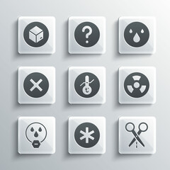Set Medical symbol of the Emergency, Scissors with cut line, Radioactive, Meteorology thermometer, Water drop forbidden, X Mark, Cross circle, Carton cardboard box and icon. Vector