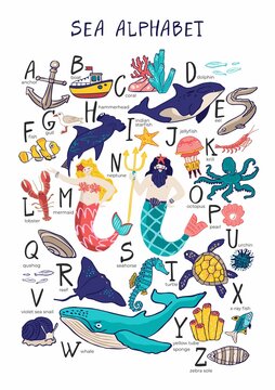 Decorative sea alphabet with mermaid, Poseidon, underwater symbols, fish, animals, corals, shells isolated on white. A poster with marine elements for decor of the nursery. Cartoon vector illustration