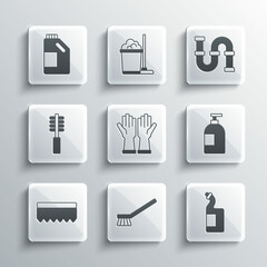 Set Brush for cleaning, Dishwashing liquid bottle, Rubber gloves, Sponge, Toilet brush, Bottle agent and Industry metallic pipe icon. Vector