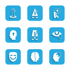 Set Metronome with pendulum, Bipolar disorder, Solution to the problem, Tear cry eye, Comedy theatrical mask, Helping hand and icon. Vector