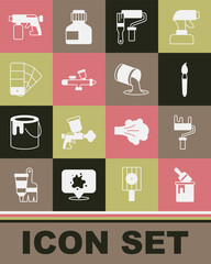 Set Paint bucket with brush, roller, spray gun, Color palette guide, and icon. Vector