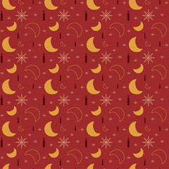 Christmas Holiday Vector Seamless Retro Pattern Background Tree Garden Nature Ornament Snowflakes Moon Candle Night