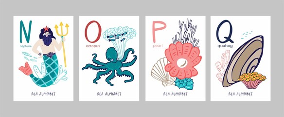 Set of postcards with letters of alphabet, marine symbols isolated on white. Collection of posters with neptune, octopus, pearl, quahog studying letters, nursery decor. Cartoon vector illustration