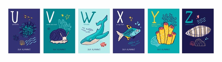 Set of postcards with letters of alphabet, marine symbols isolated on white. Collection of posters with whale, x-ray fish, sea snail studying letters, nursery decor. Cartoon vector illustration © Татьяна Листратова