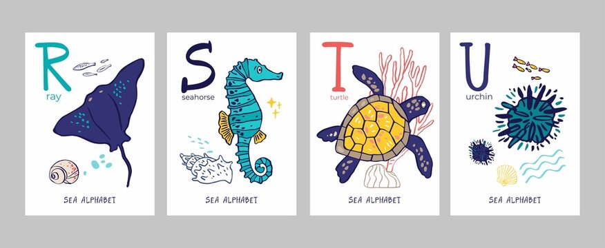 Set of postcards with letters of alphabet, marine symbols isolated on white. Collection of posters with ray, seahorse, turtle studying letters, nursery decor. Cartoon vector illustration
