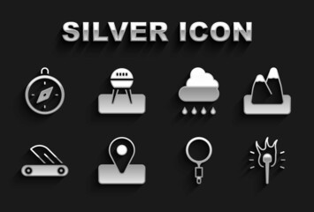 Set Location for camping, Mountains, Torch flame, Magnifying glass, Swiss army knife, Cloud with rain, Compass and Barbecue grill icon. Vector