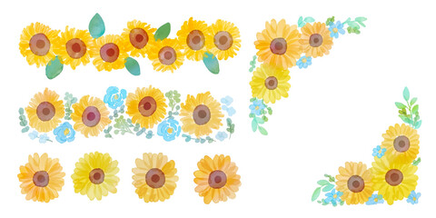 水彩画。水彩タッチのひまわりベクターイラストフレーム。ひまわりと草木の装飾フレーム。Watercolor. Sunflower vector illustration frame with watercolor touch. Decorative frame with sunflowers and plants.