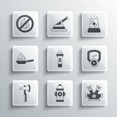 Set Fire hydrant, Gas mask, Flashlight, Firefighter axe, Pan with fire, No and Flasher siren icon. Vector