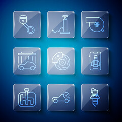 Set line Gear shifter, Auto service check automotive, Car spark plug, Automotive turbocharger, brake disk with caliper, wash, Engine piston and Online car services icon. Vector