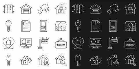Set line Search house, Hanging sign with Rent, House, Realtor, contract, key, Heating radiator and Closed door icon. Vector