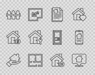 Set line Realtor, Location with house, House contract, plan, Garden fence wooden, key, wrong mark and Online real estate icon. Vector