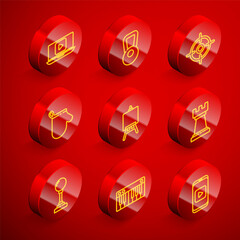 Set line Online play video, Kettlebell, Target sport, Oven glove, Easel painting art boards, Business strategy, Joystick for arcade machine and Music synthesizer icon. Vector