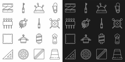 Naklejka premium Set line Thimble for sewing, Zipper, Sewing button and knitting needles, Needle bed, Yarn ball with, Tape measure and Awl tool icon. Vector
