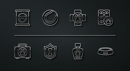 Set line Canned food, Pet first aid kit, Dog pill, shampoo, Animal health insurance, Tennis ball, bowl and Veterinary clinic icon. Vector