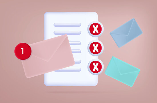 3d survey page or checklist. The result of an exam, test, or report in an envelope. Correct answers on the paper page of the document. The concept of a completed task. Negative result. Vector 