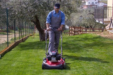 Picture of a man with a lawnmower mowing the lawn in his home garden