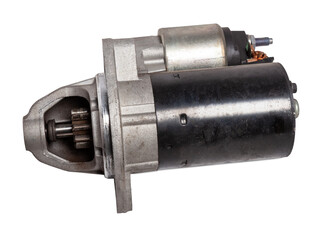 Starter of an internal combustion engine New Spare part for car on a white background. Spare parts...