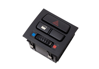Black plastic block of car control panel with red emergency stop button for signal lights, spare...