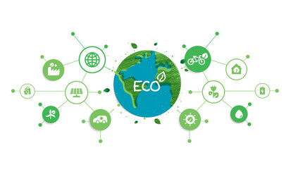 Fototapeta na wymiar Energy saving eco technology nature concept with icons. think green ecology and save energy creative idea concept. environmentally friendly planet. vector design