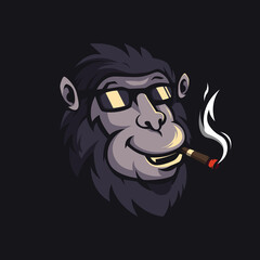 Baboon monkey wearing glasses while smoking, mascot logo design illustration